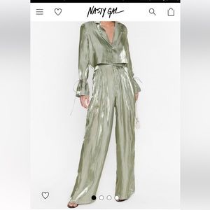 Satin Shimmer Cropped Button Down Two Piece Set NWOT